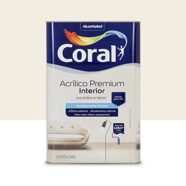 Tinta Acrílica Fosca para Parede Interna Pronto para Uso Coral Acrílico Premium Interior Branco 18L