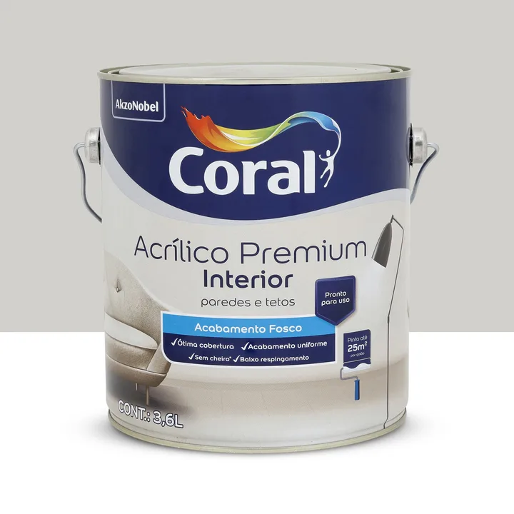 Tinta Acrílica Fosca para Parede Interna Pronto para Uso Coral Acrílico Premium Interior Crômio 3,6L