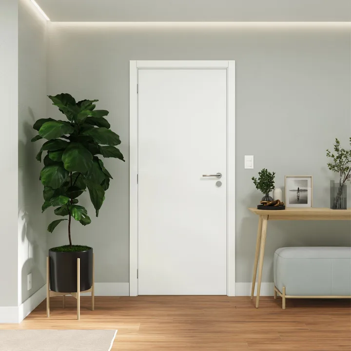 Kit Porta Madeira de Giro Direito|Esquerdo Branco 210x80cm Sarrafeada Batente 13 a 17cm Laca PU Lisa Ipumirim