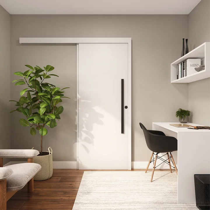 Kit Porta Madeira de Correr Direito|Esquerdo Bianco 210x72cm Sarrafeada Batente 12 a 19cm Vivace Plus Lisa