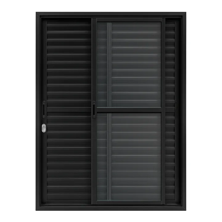 Porta Balcão De Aluminio Preto 3 Folhas Linha 25 Com Fechadura 2,10x1,20